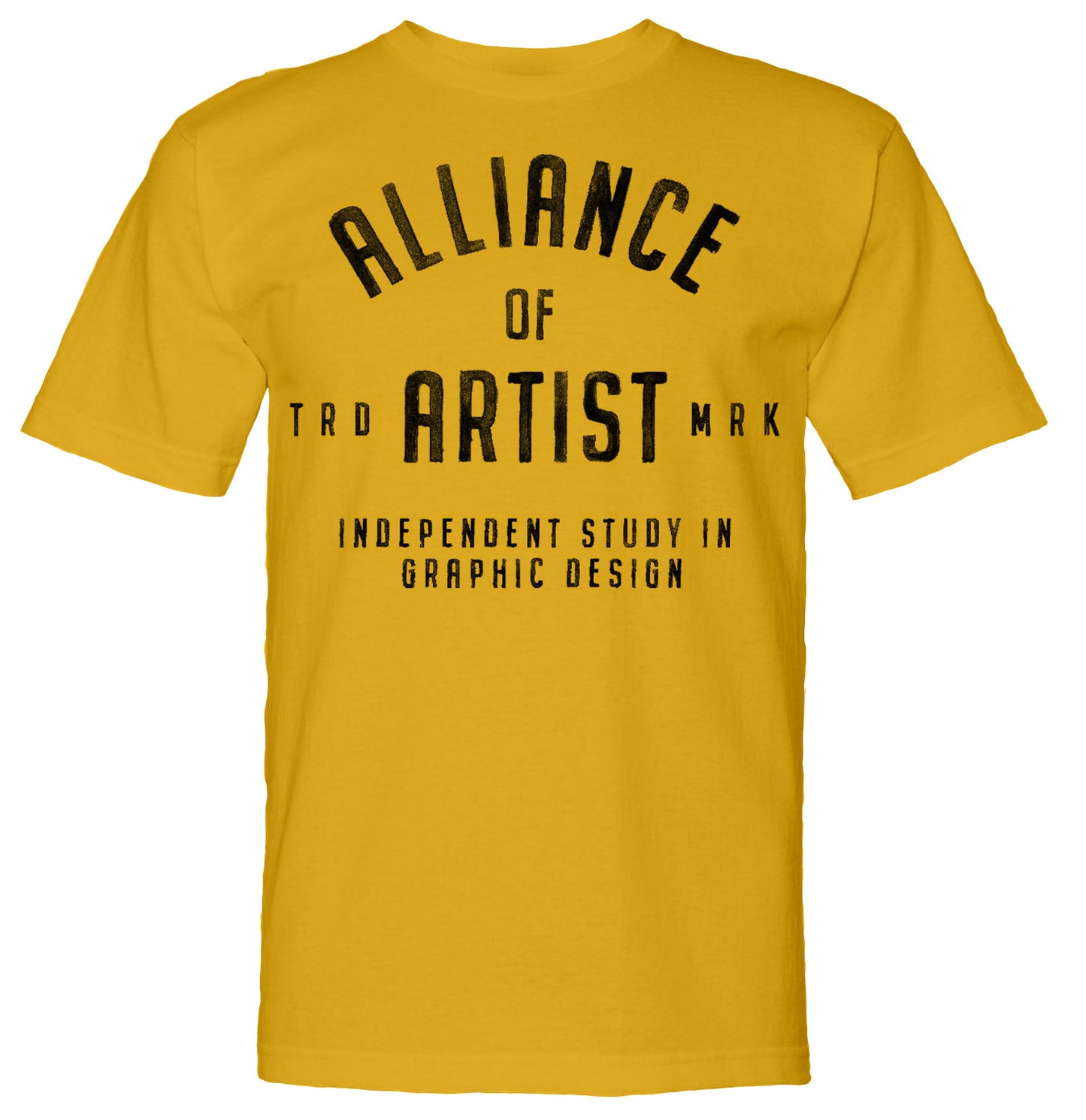 yellow t-shirt with text "Alliance of Trademark Artists - Independent Study in Graphic Design" in bold, dark letters.