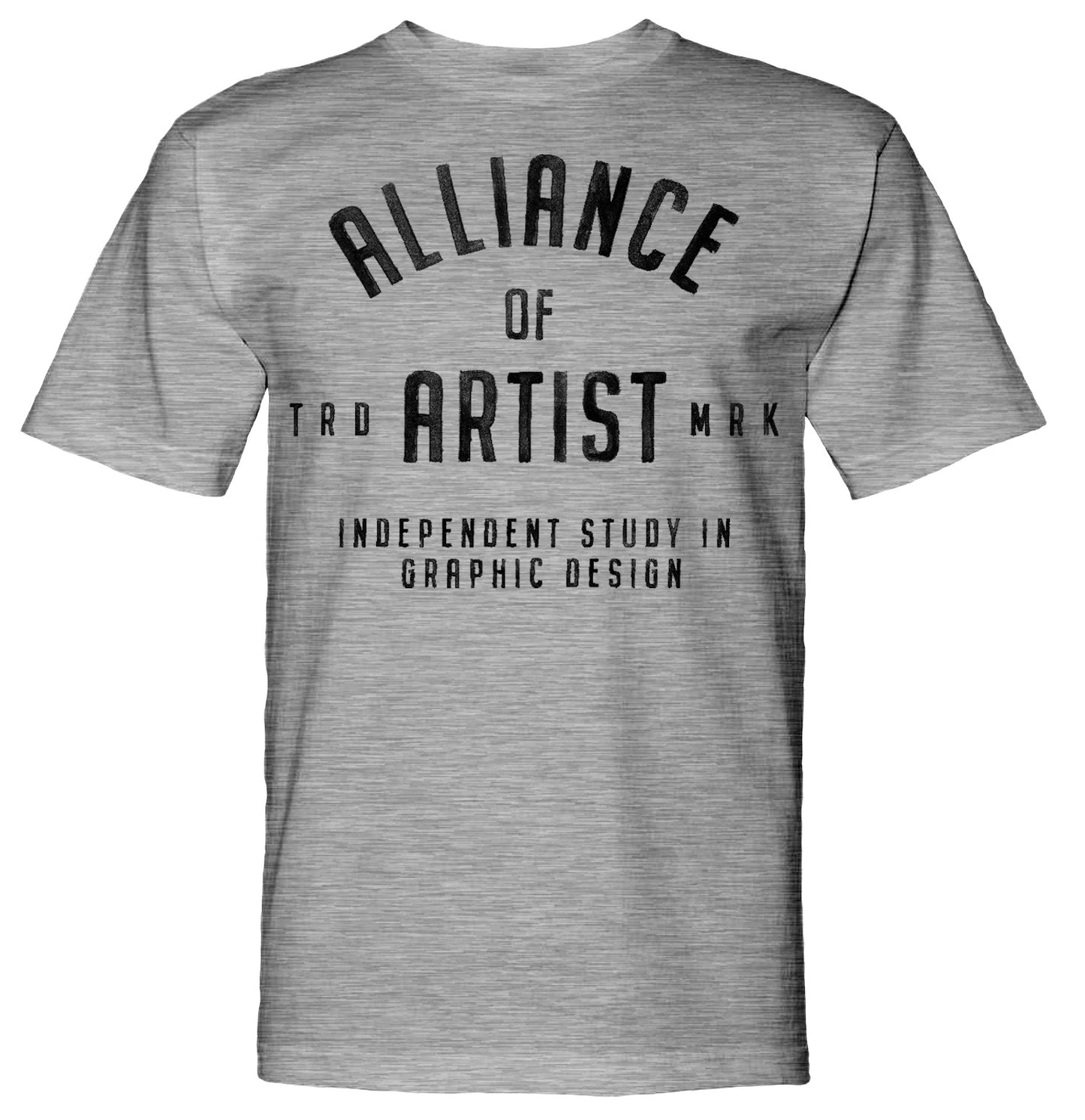 heather grey t-shirt with text "Alliance of Trademark Artists - Independent Study in Graphic Design" in bold, dark letters.