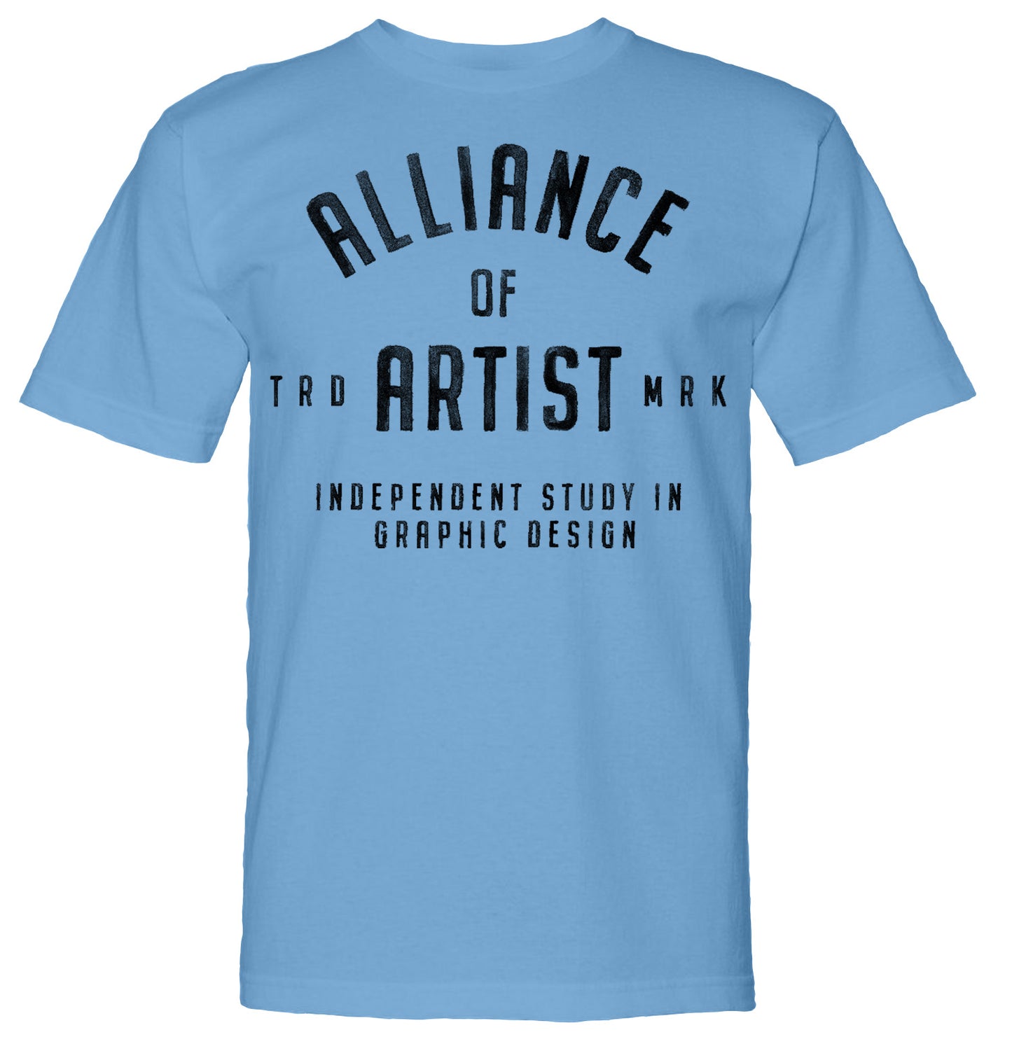 Light blue t-shirt with text "Alliance of Trademark Artists - Independent Study in Graphic Design" in bold, dark letters.