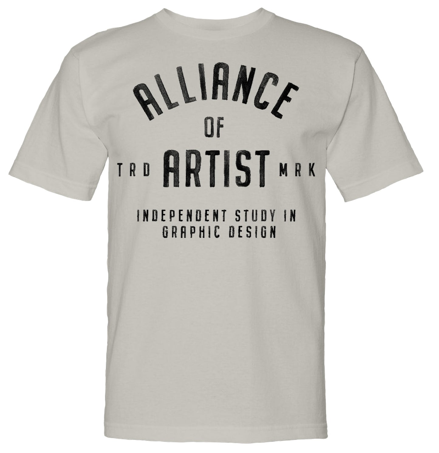 silver t-shirt with text "Alliance of Trademark Artists - Independent Study in Graphic Design" in bold, dark letters.