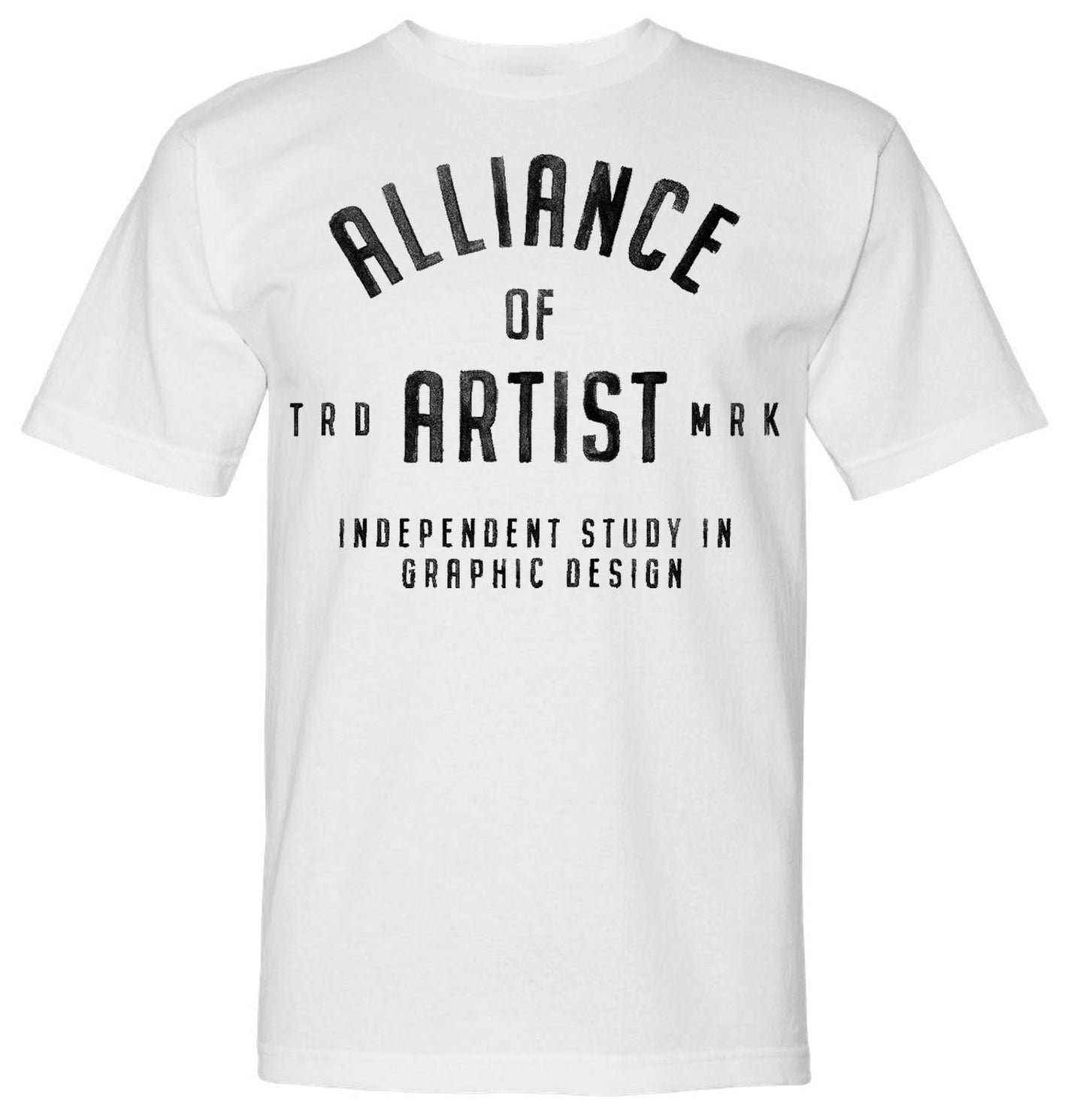 white t-shirt with text "Alliance of Trademark Artists - Independent Study in Graphic Design" in bold, dark letters.