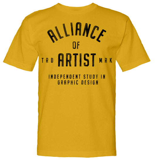 yellow t-shirt with text "Alliance of Trademark Artists - Independent Study in Graphic Design" in bold, dark letters.