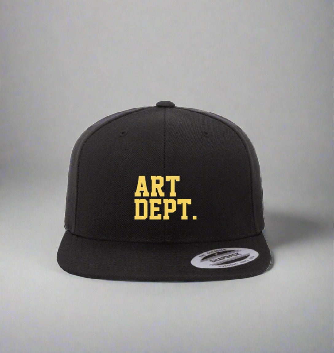 Art department Black snap back Hat. Front View.art dept.art dept clothing.art dept hat. Museum.Gallery.Art